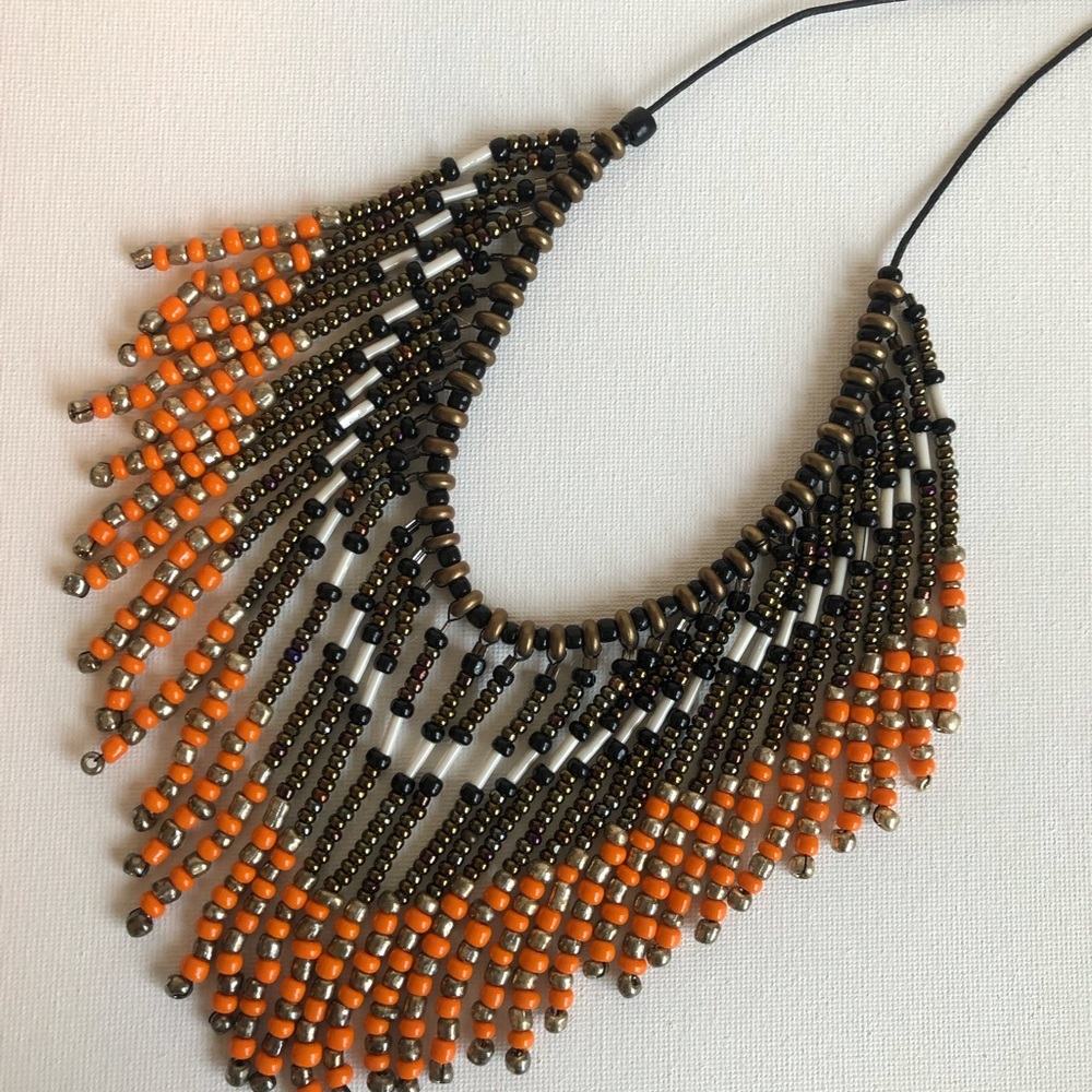 Fringed cowgirl western tribal orange, bronze handmade necklace